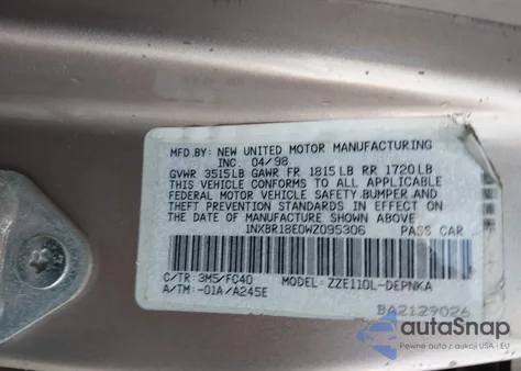 1998 Toyota Corolla Le из США, поврежденный, VIN 1NXBR18E0WZ095306